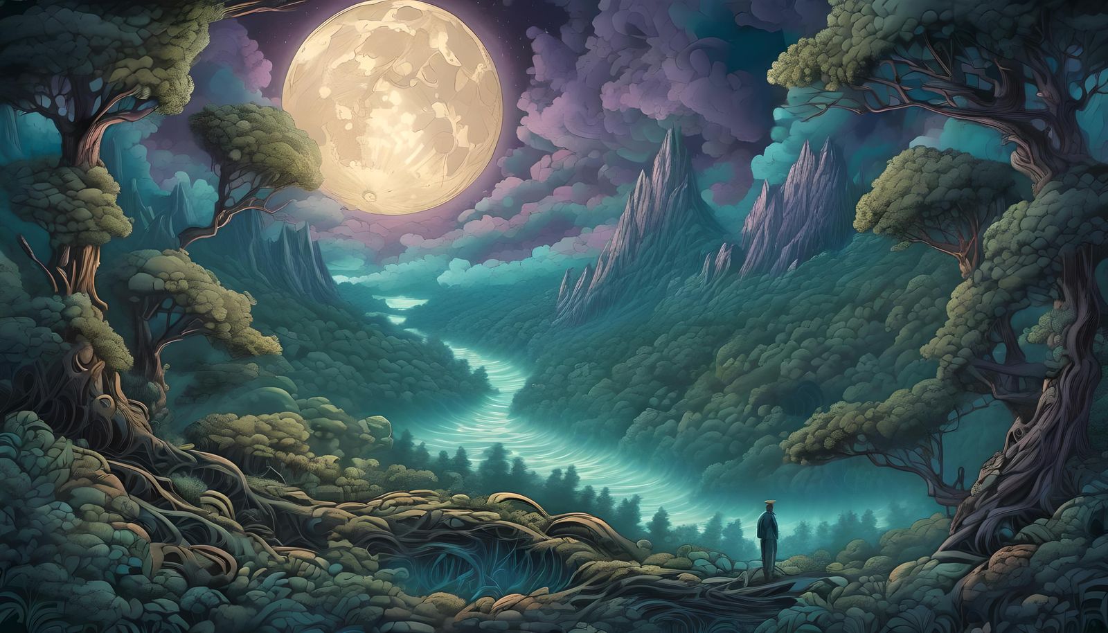 Ethereal Forest at Night: Comic Book Art Style