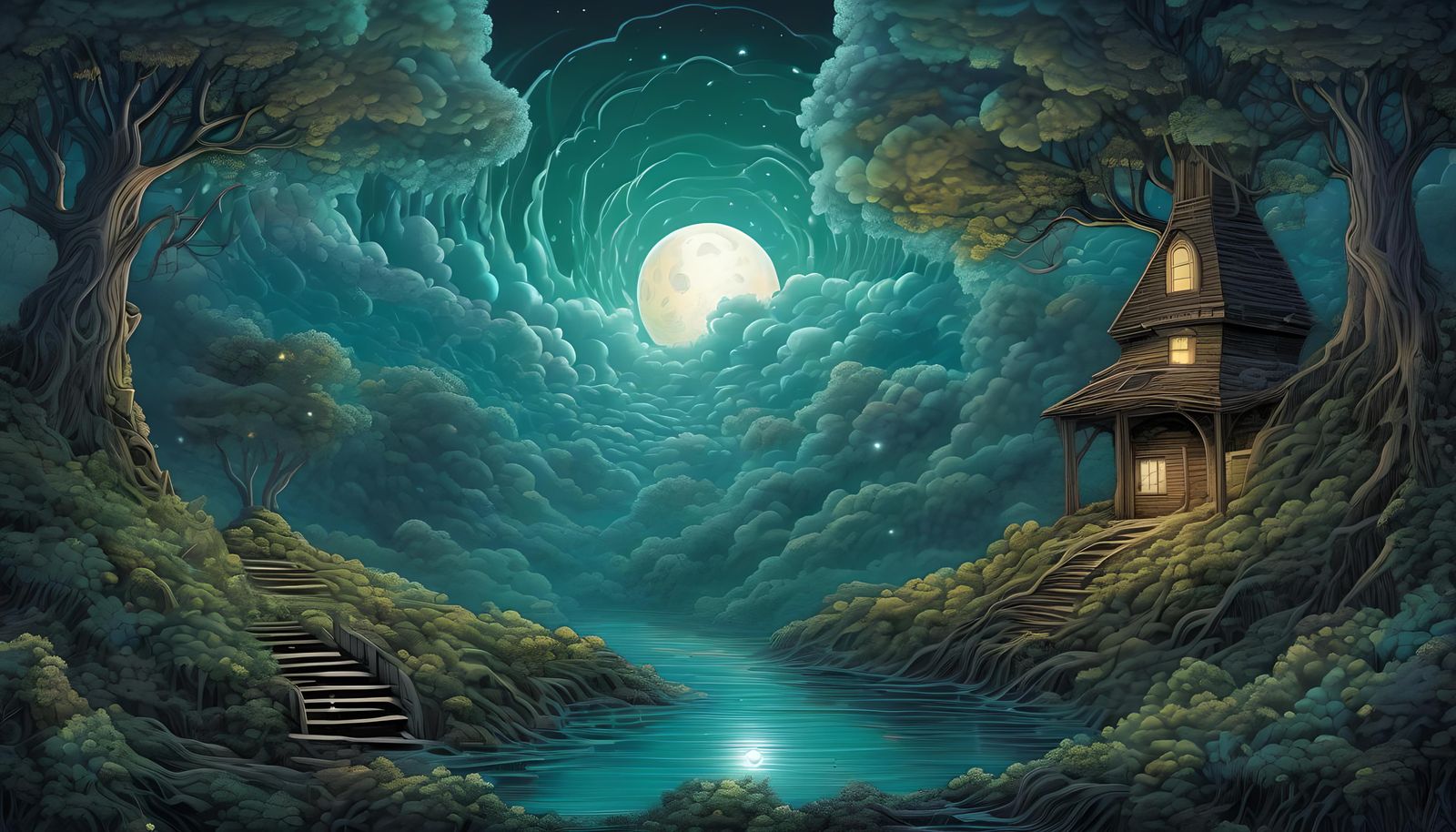 Night Forest Well: Comic Book Art Style