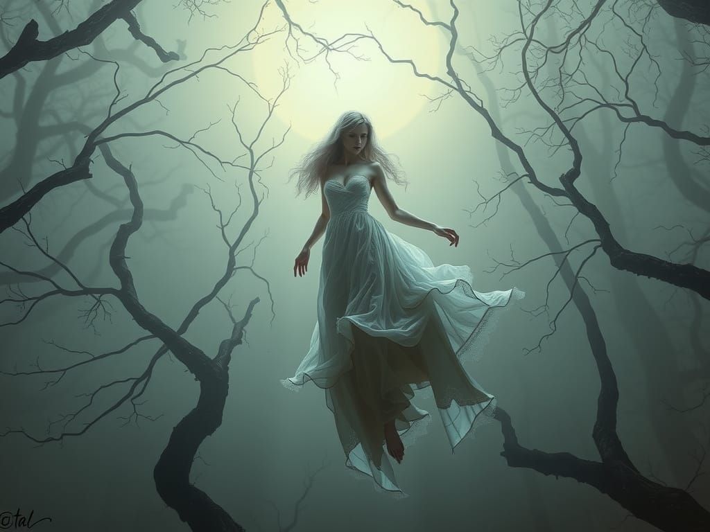 Ghostly Woman in Moonlit Forest