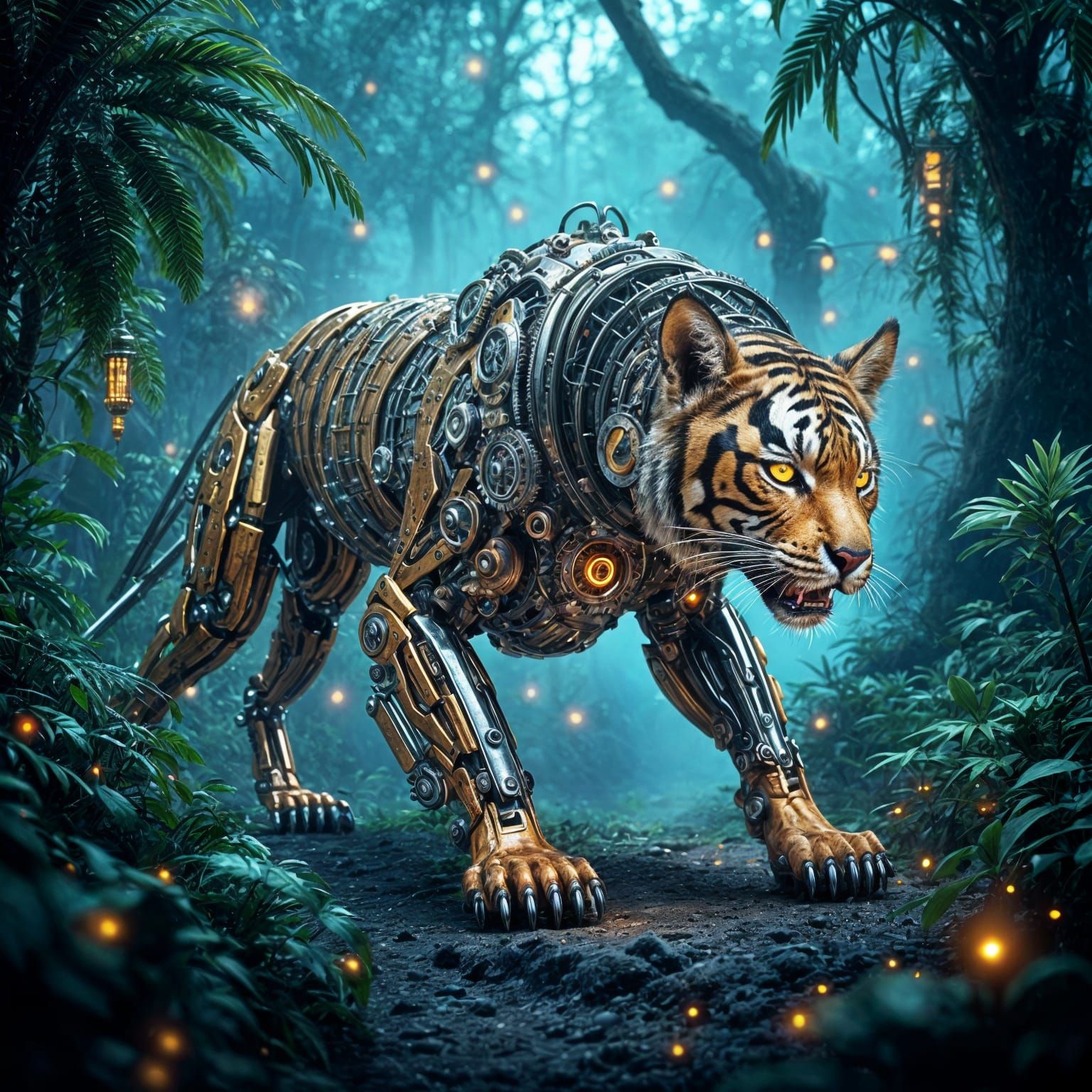 Clockwork Tigress in Bioluminescent Jungle
