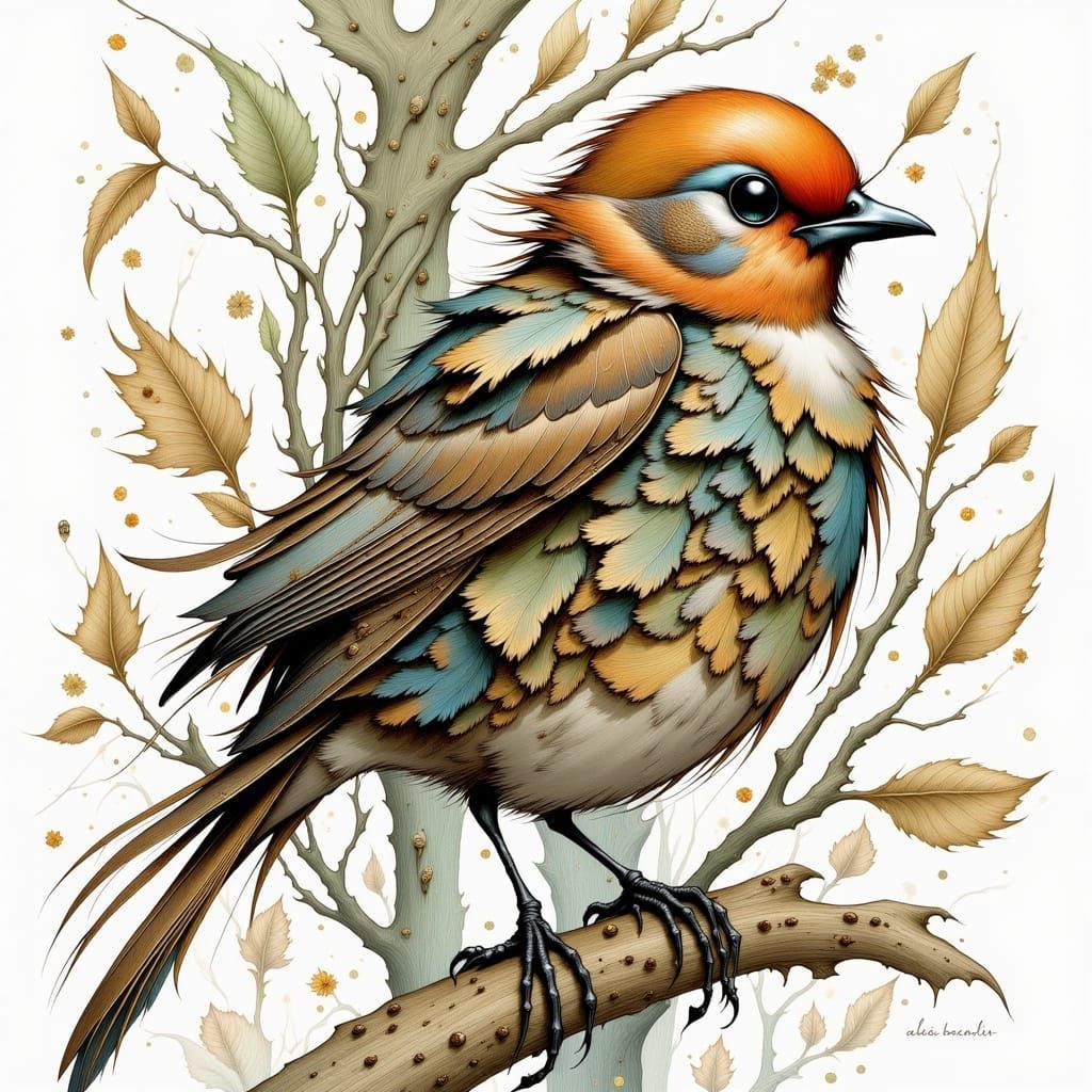 adorable whimsical Robin with a complex and fuffy feathers winter garden environme...