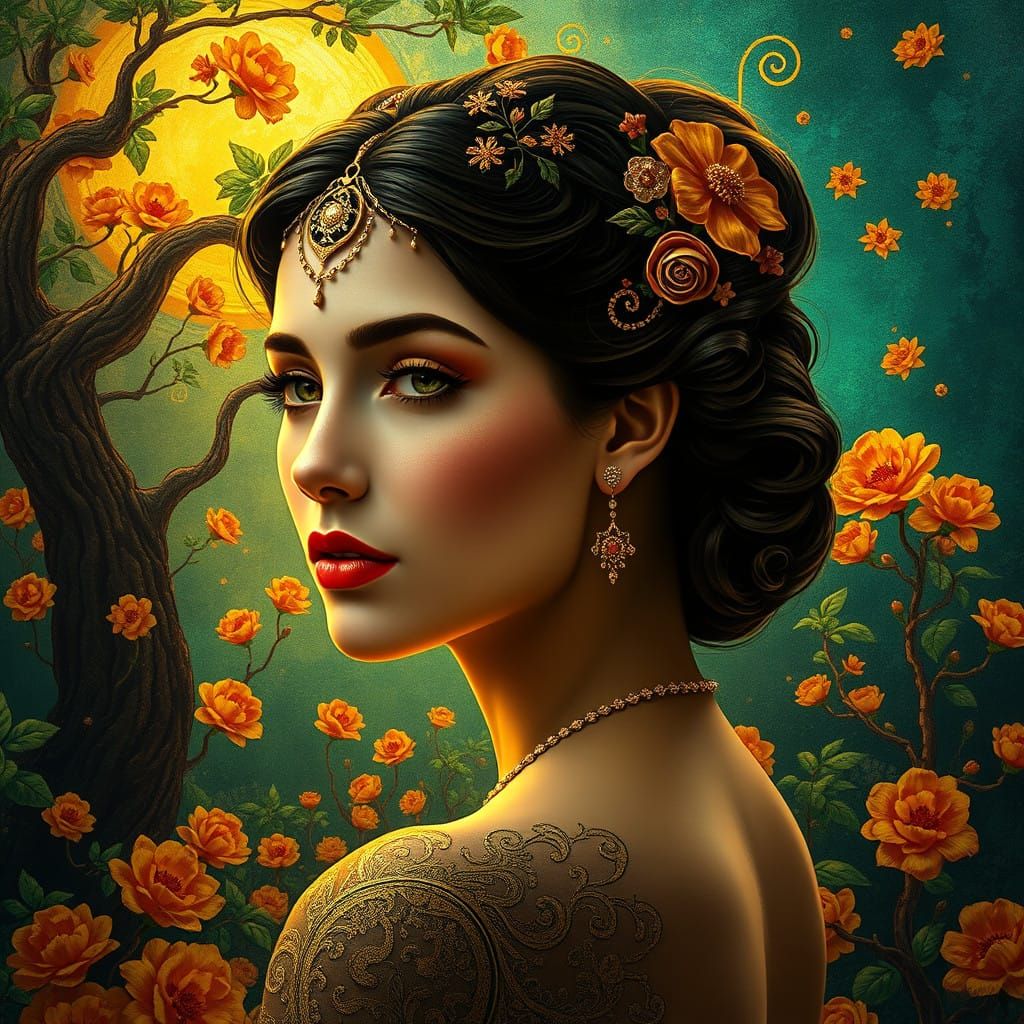 Elegant Woman in Art Nouveau Portrait with Vibrant Backgroun...