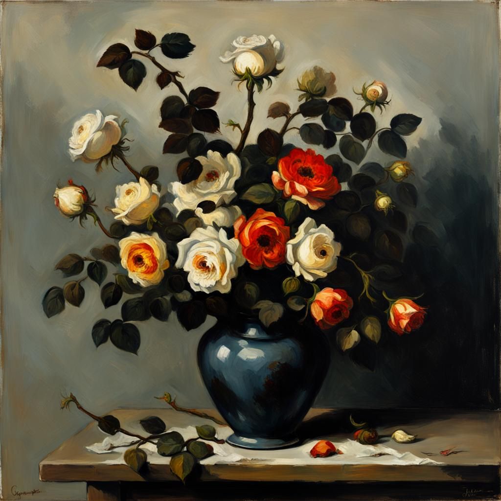 Decayed Roses Still Life in Realist Style