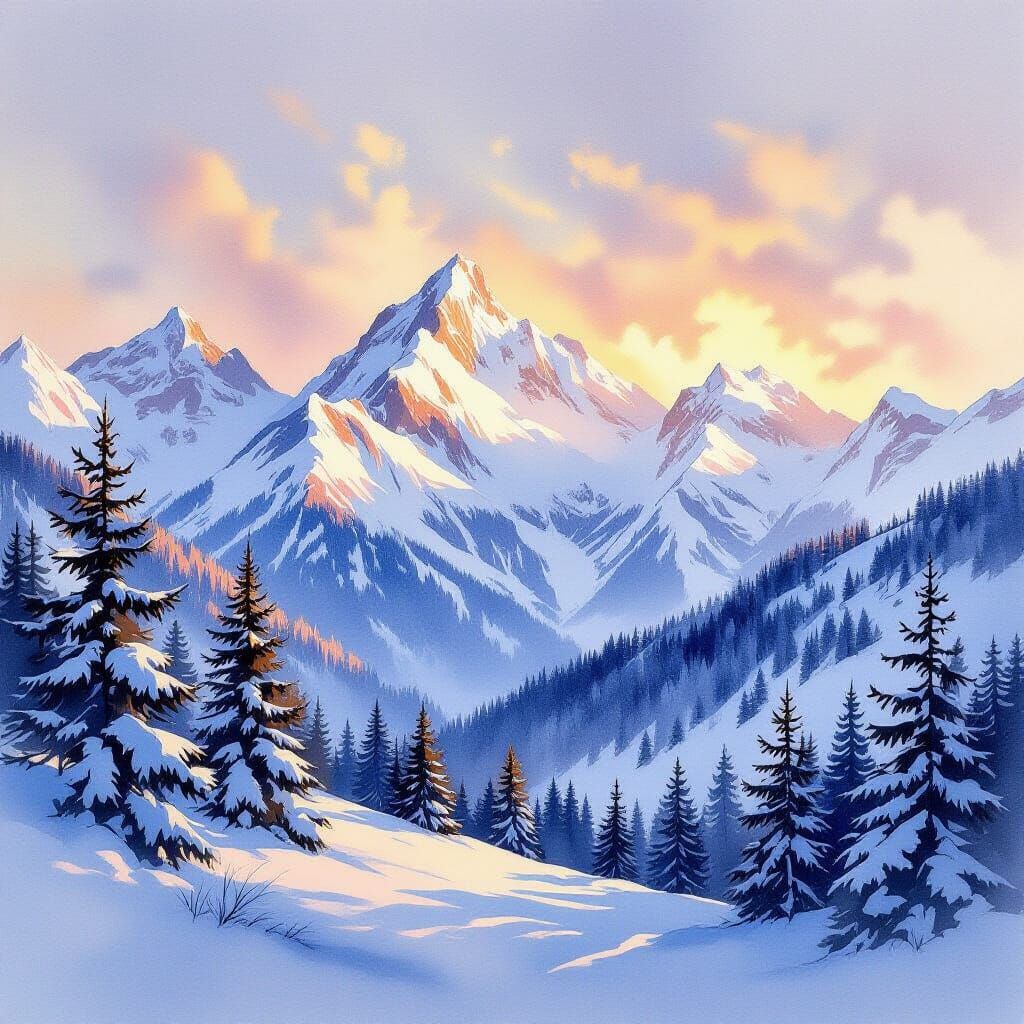 Hyperrealistic Watercolor Mountain Landscape at Golden Hour