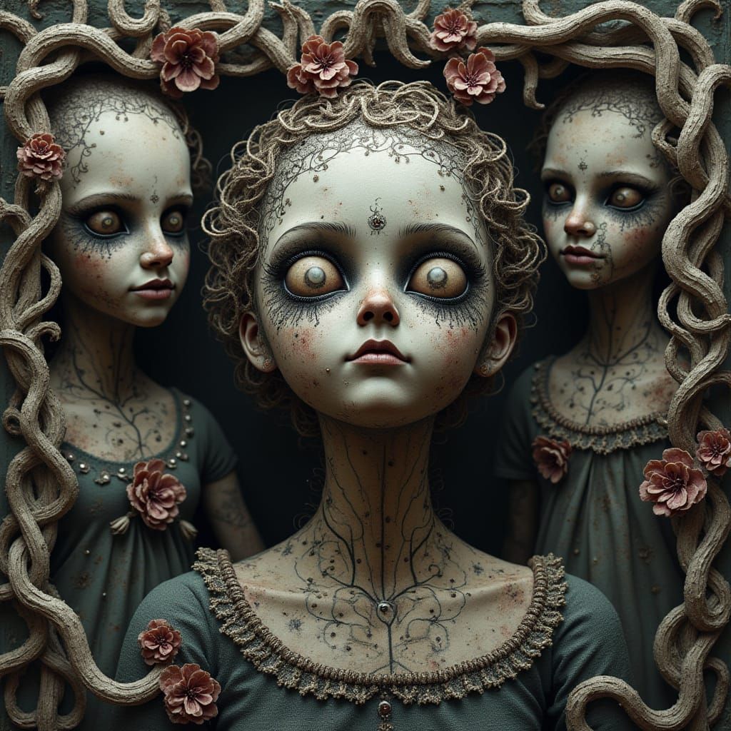 Sinister Wireframe Art with Ceramic Dolls in Abstract Fracta...