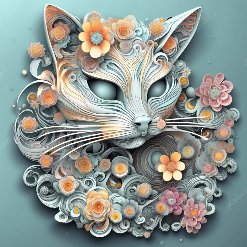 Cat Surrounded by Flowers in 3D Shading