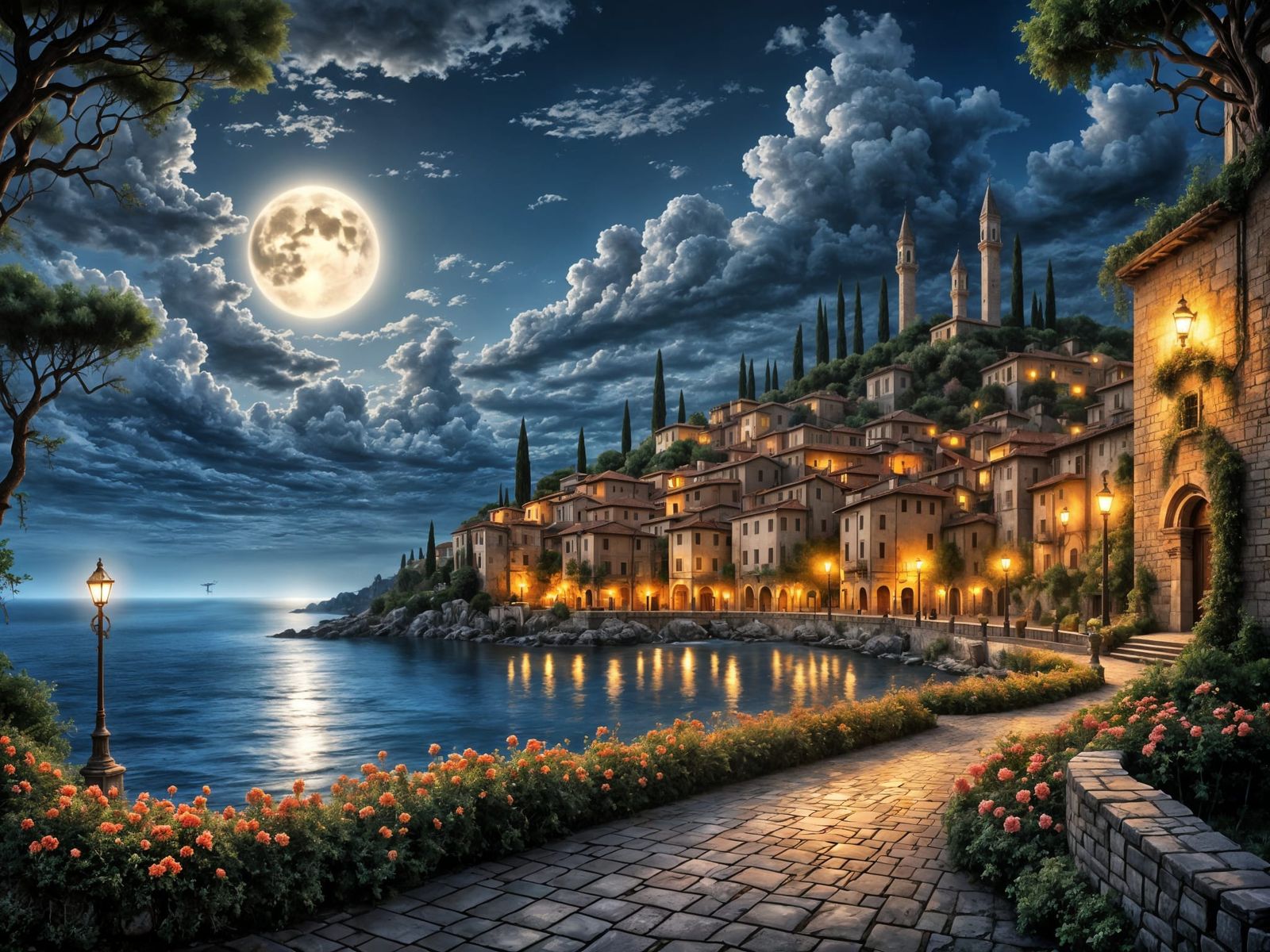 Surreal Mediterranean Village Moonlight, Cell Shading