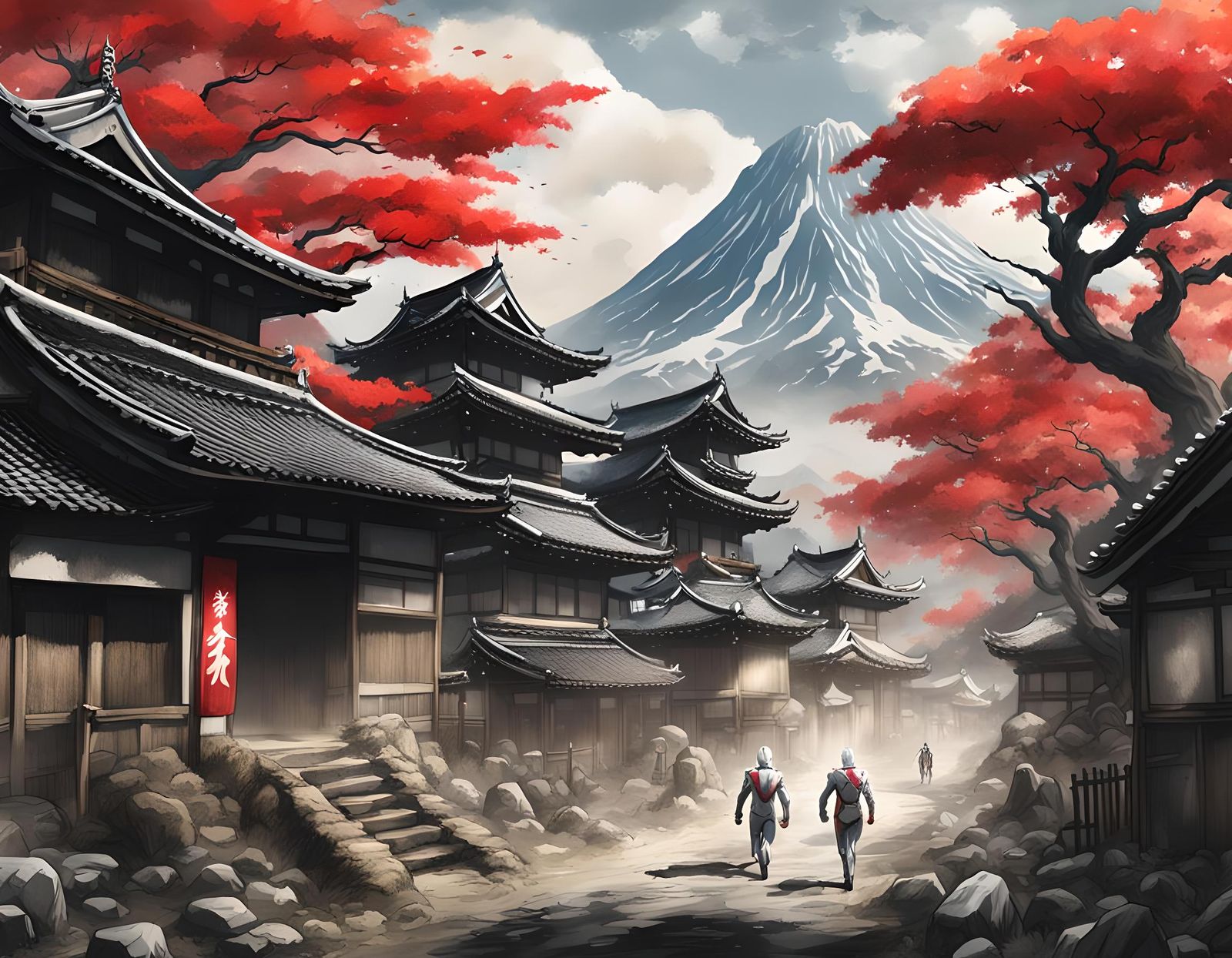 Ultraman in Japanese Village: Sumi-e Ink Wash