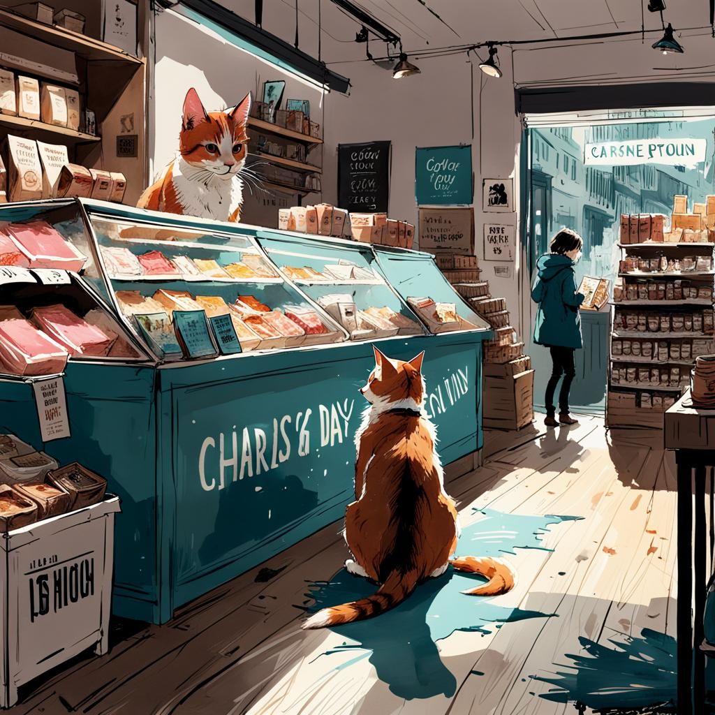 Winged Cat in Shop, Watercolor Splash Art