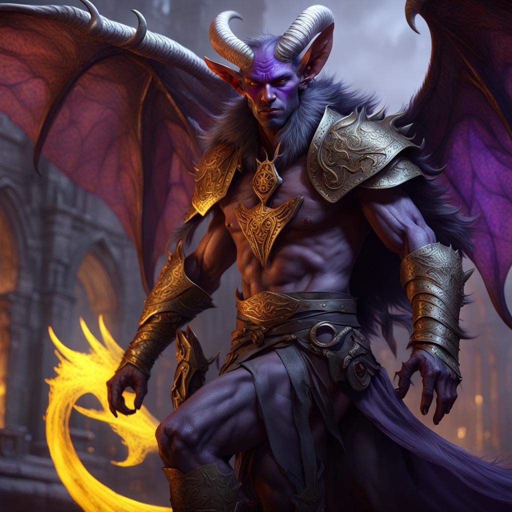 Winged Tiefling Man in Dark Fantasy Style