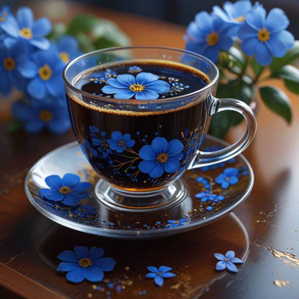 Hyper-Realistic Coffee Cup: Black & Gold Brew on Glass Table