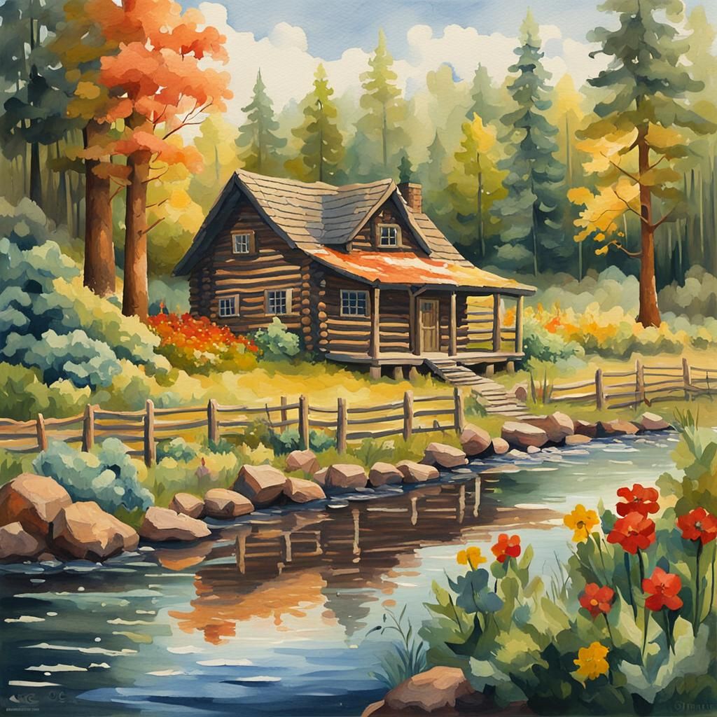 Log Cabin in Woods: Gouache Impressionist Masterpiece