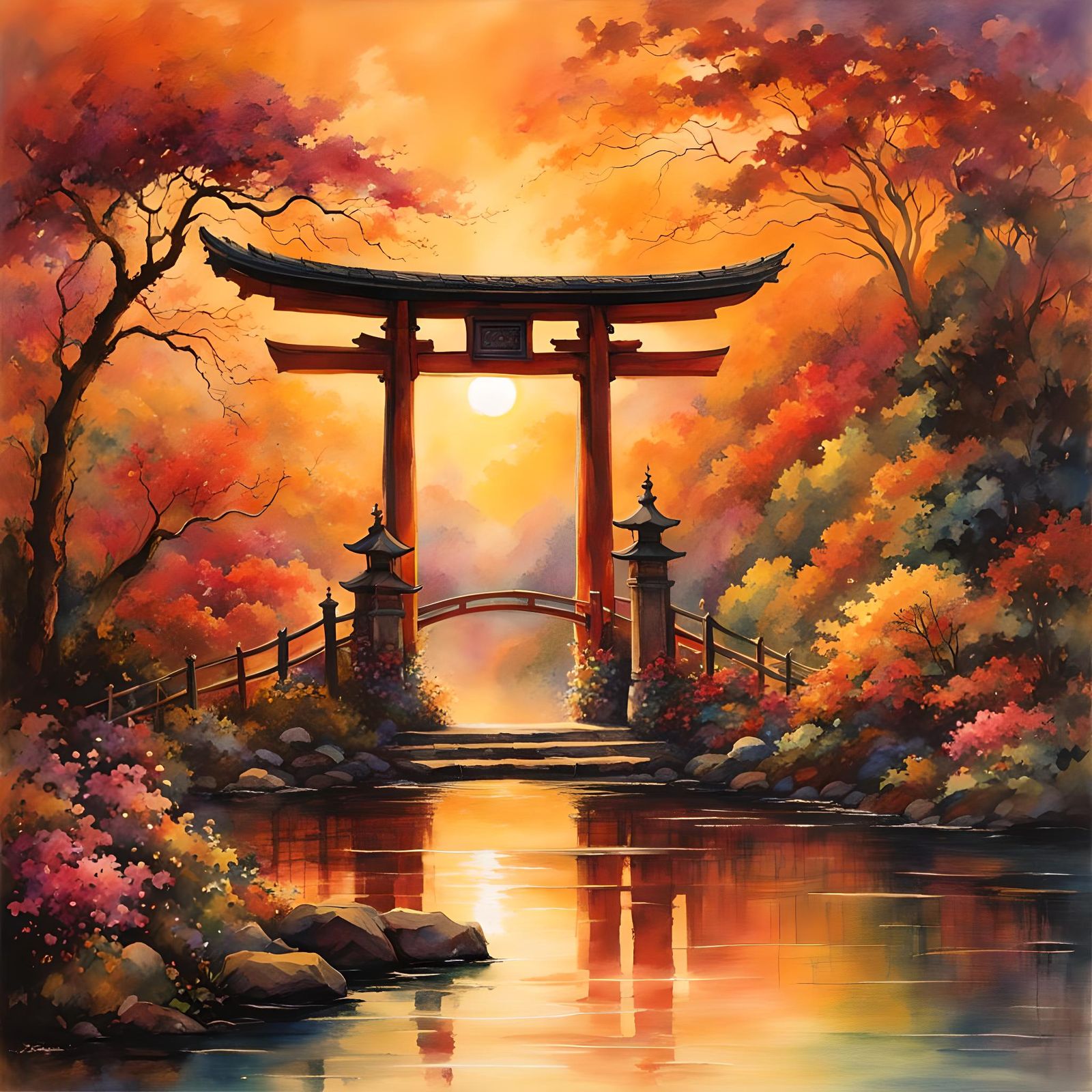 Japanese Gateway in Water with Warm Light