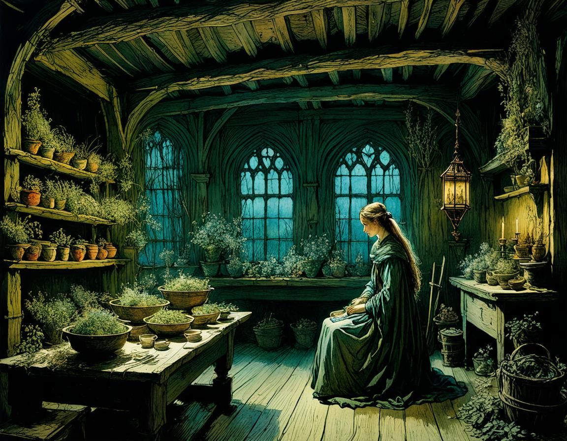 Medieval Herb Woman's House Interior in Romantic Style