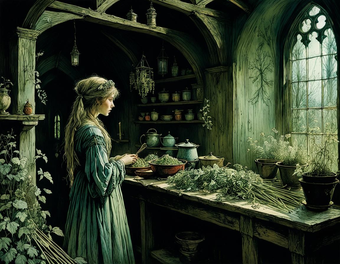 Medieval Herb Woman's Enchanted Abode in Deep, Noctilucent H...