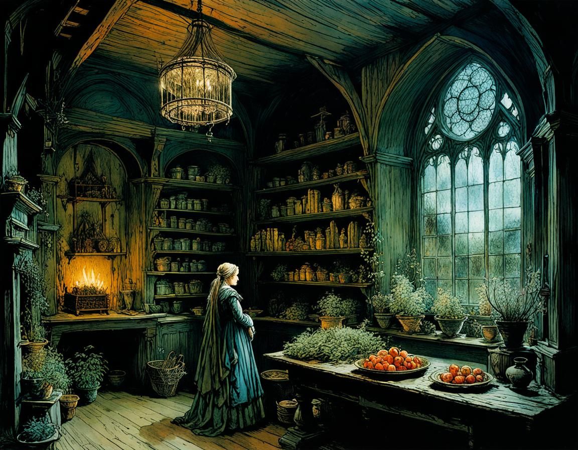 Medieval Herb Woman's Enchanted Abode in Deep, Mysterious Hu...