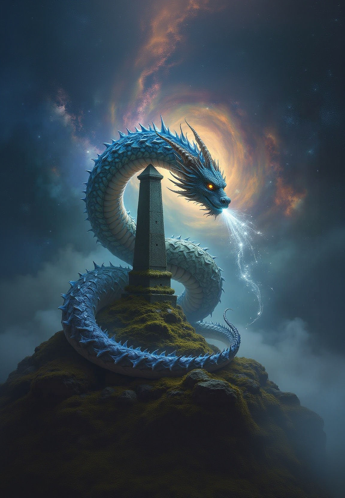 Celestial Dragon on Ancient Obelisk Amidst Cosmic Nebulae