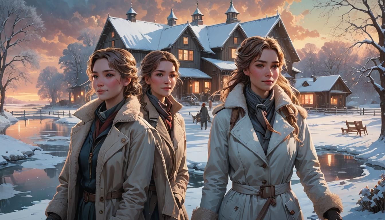 Winter Scene: Women Skating on Frozen Lake