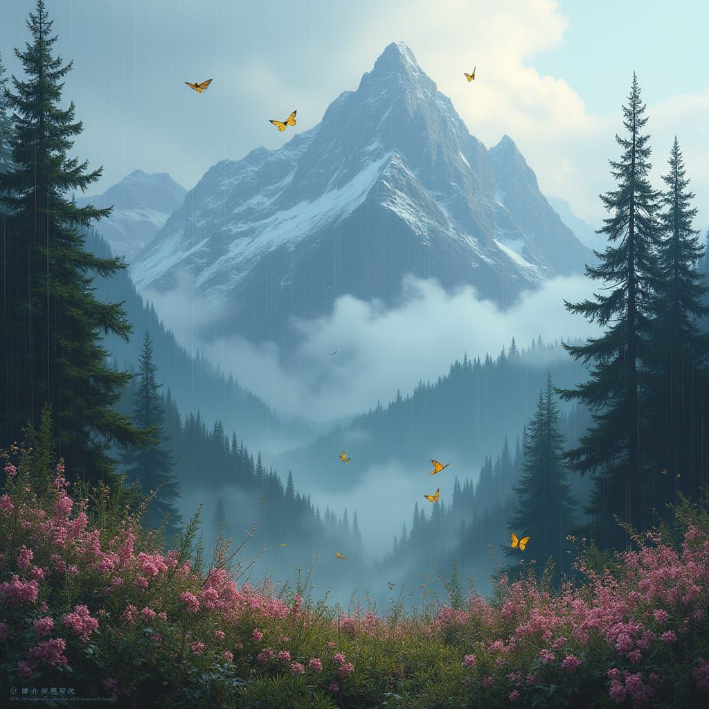 Dramatic Mountain Landscape with Dancing Butterflies and Wil...