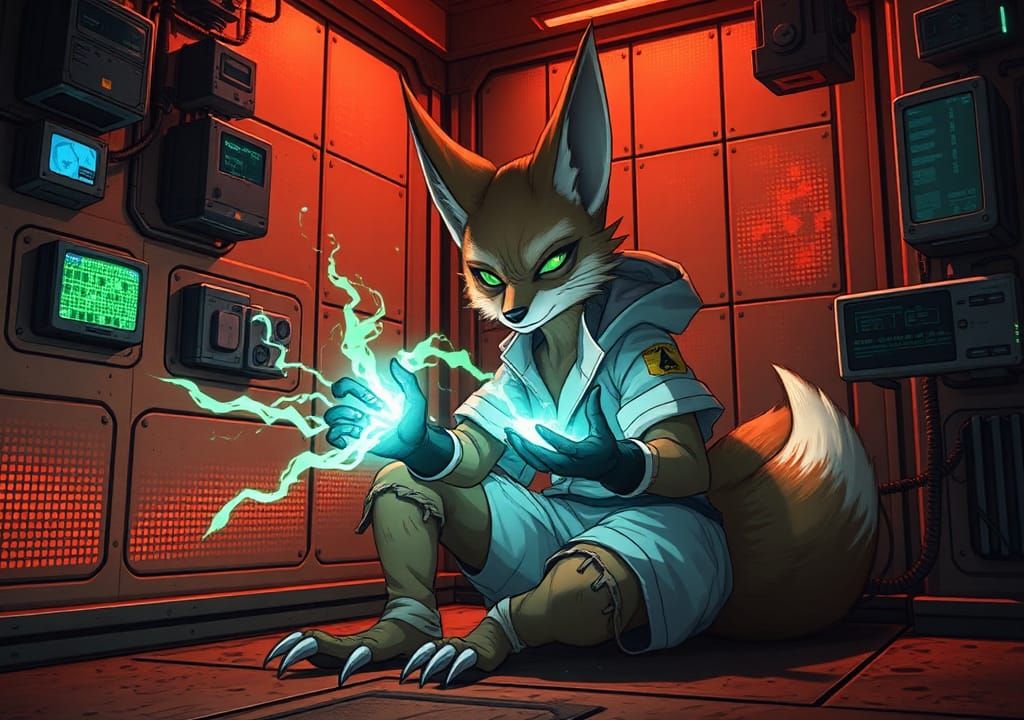 Cyberpunk Fox Humanoid Struggles with Power on Mars