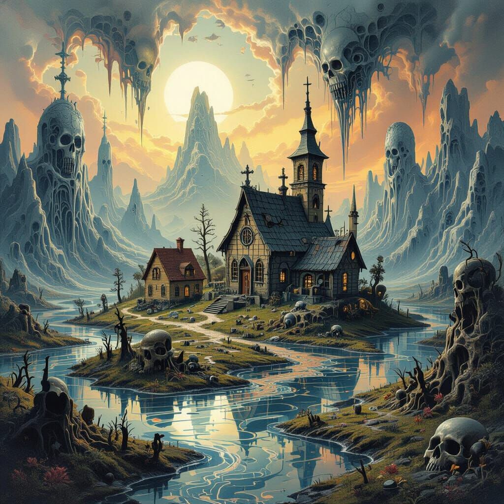 Surreal Village Diorama in Dreamlike Landscape