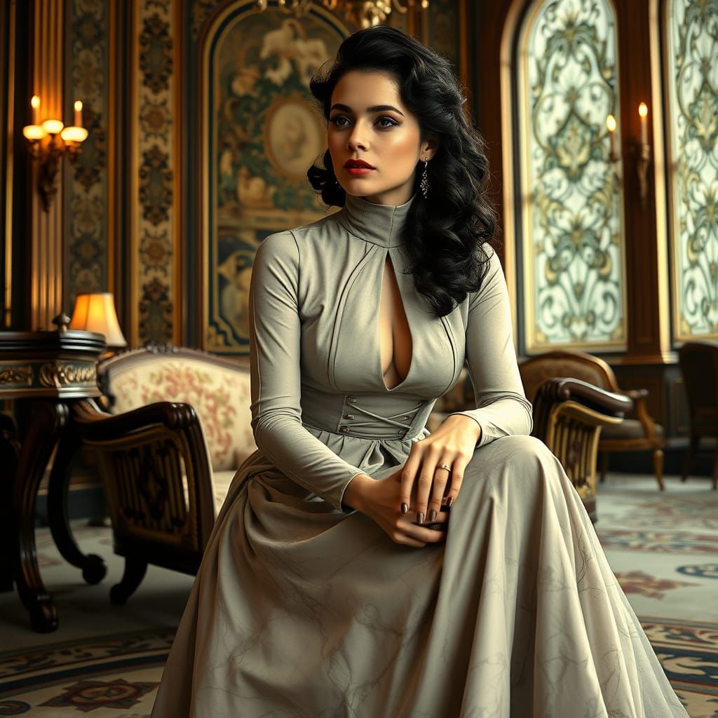 Woman in Crystal Marble Dress in Art Nouveau Parlor