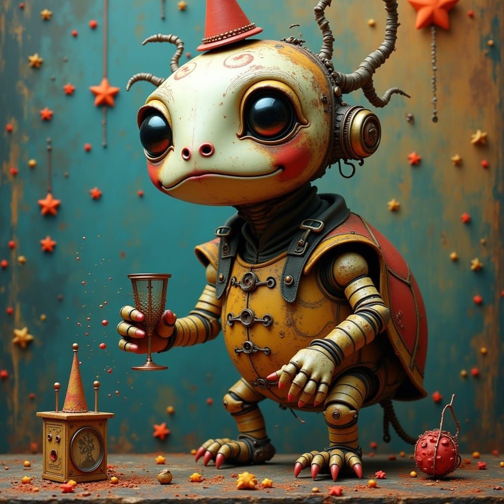 Whimsical Baroque Metal Turtle in Vibrant Screen Print Style