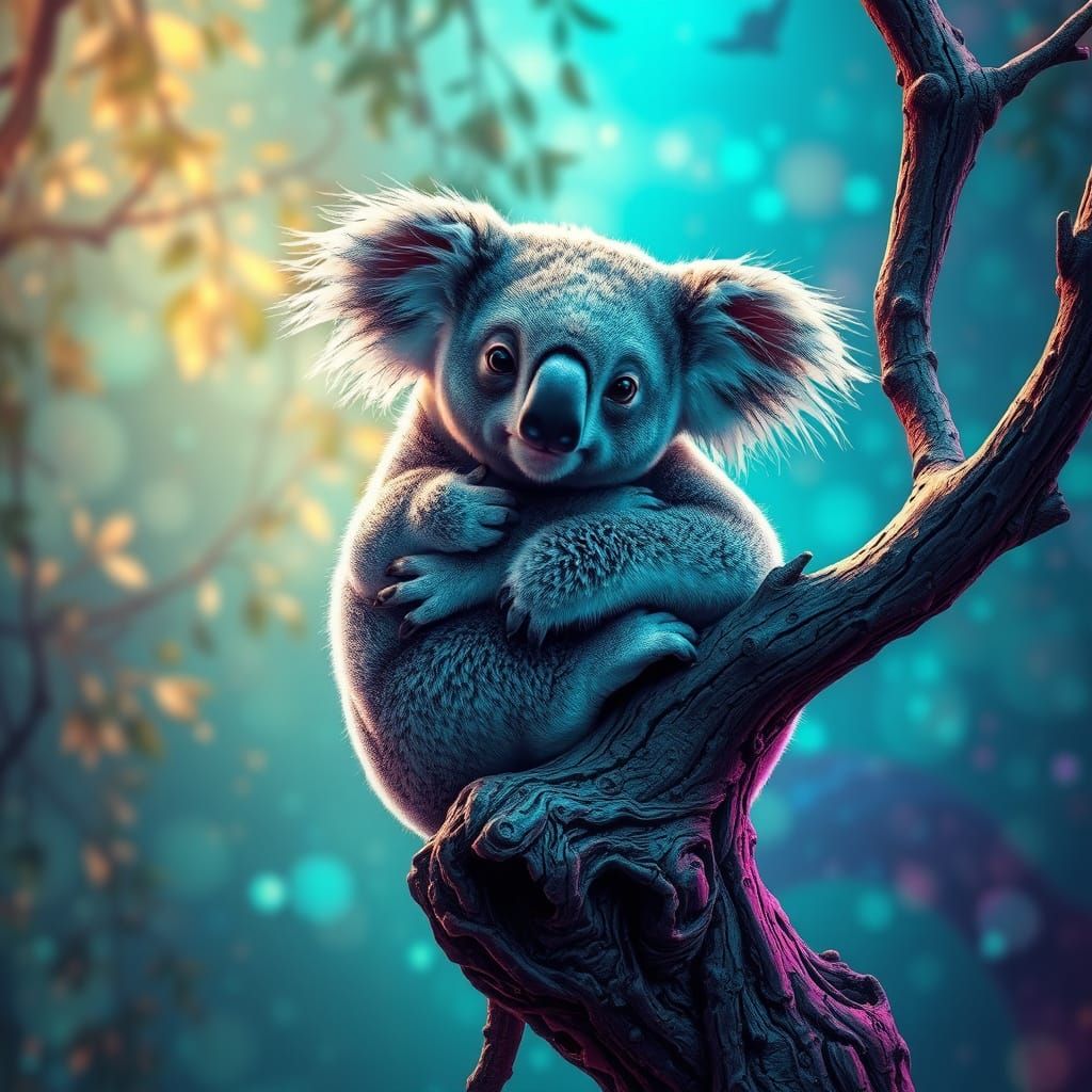 Majestic Koala Amidst Vibrant Dreamlike Landscape
