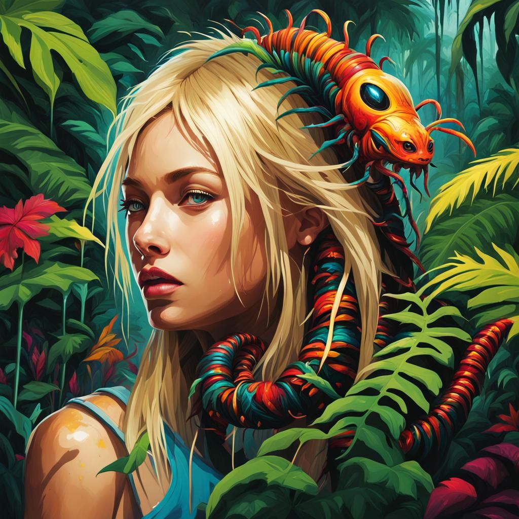 Vibrant Splash Art of a Beautiful Woman and a Creepy Centipede