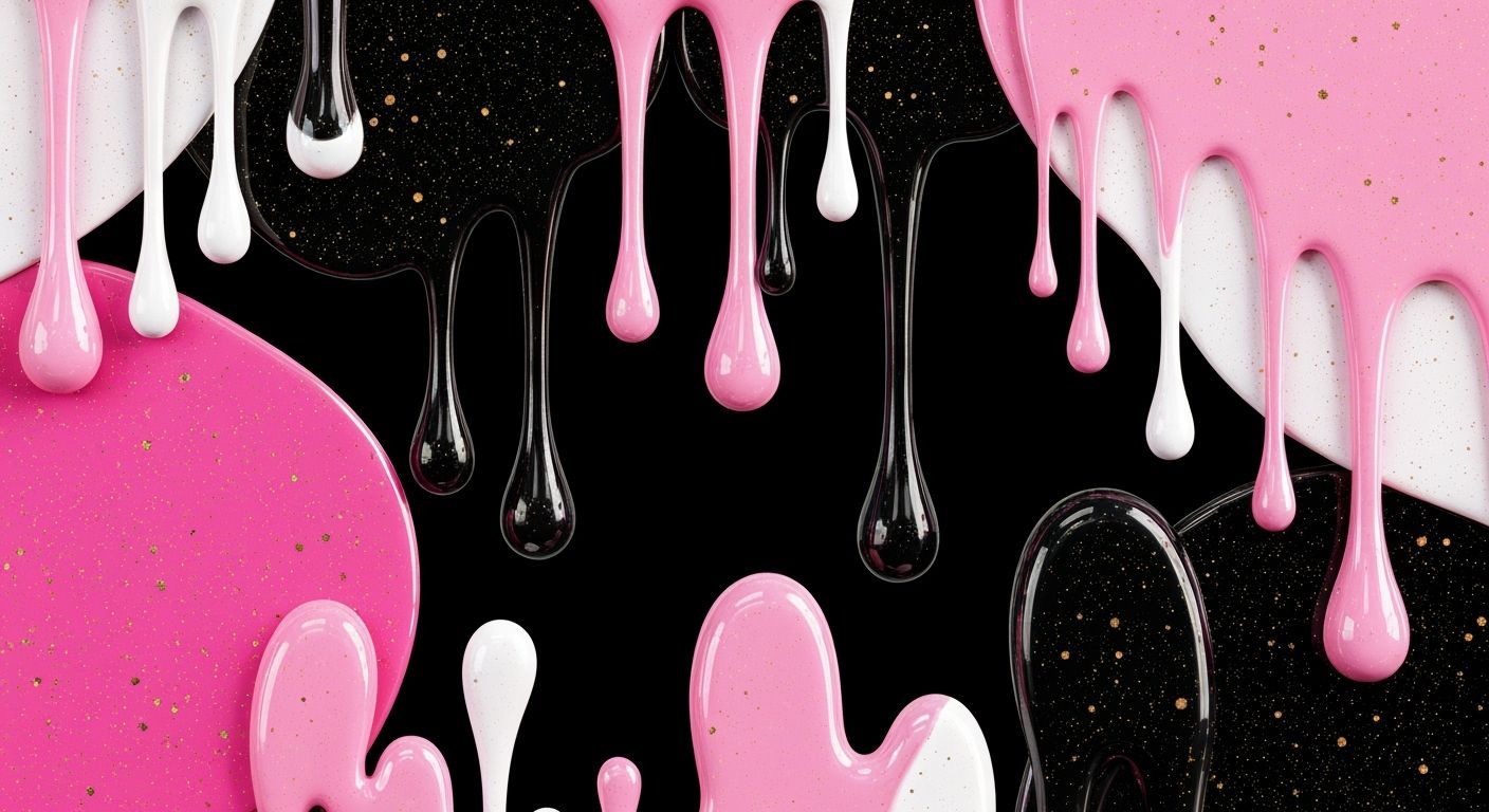 Abstract Pink, Black, and White Liquid Drips with Gold Speck...