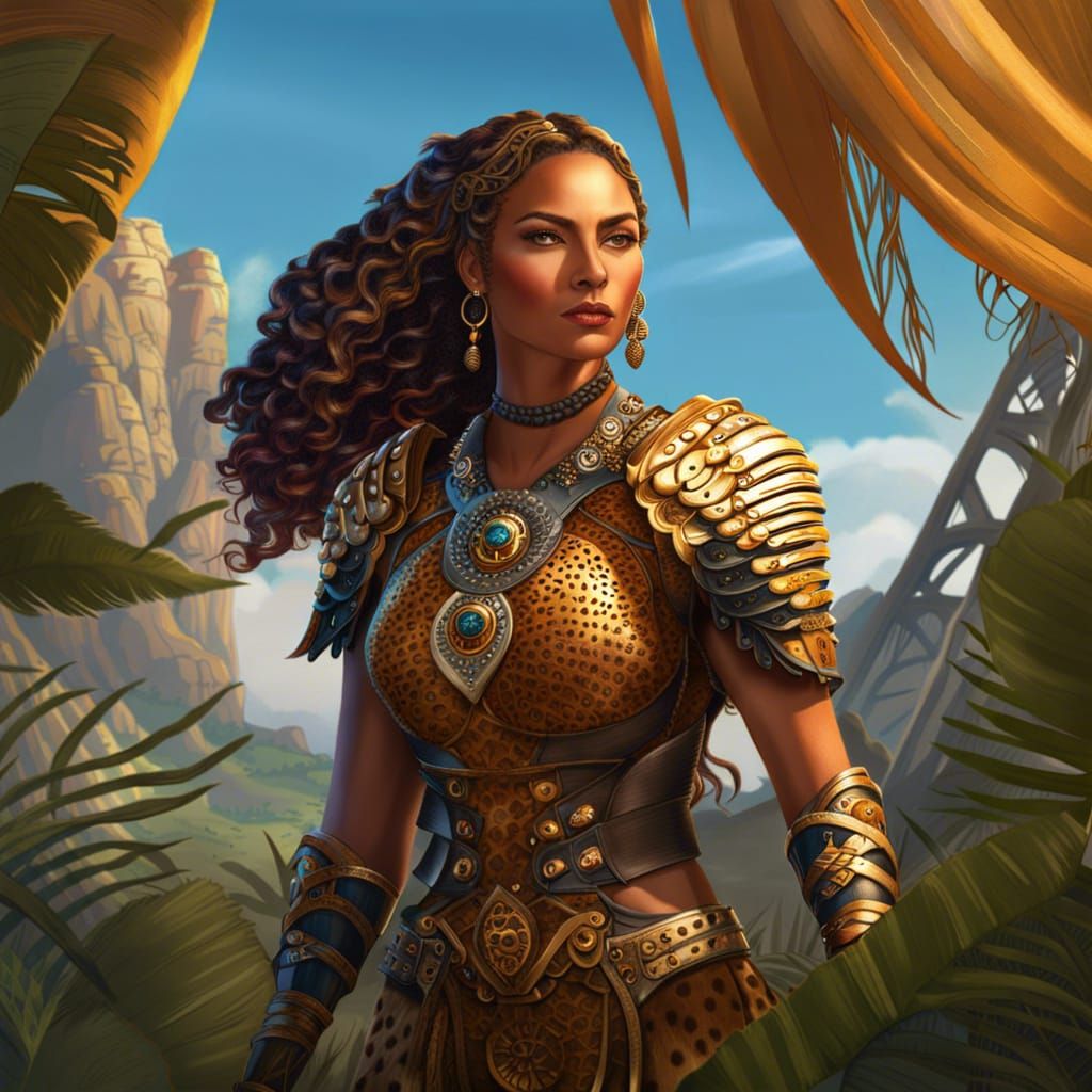 Female Cheetah Warrior in Savannah, Detailed Matte Painting