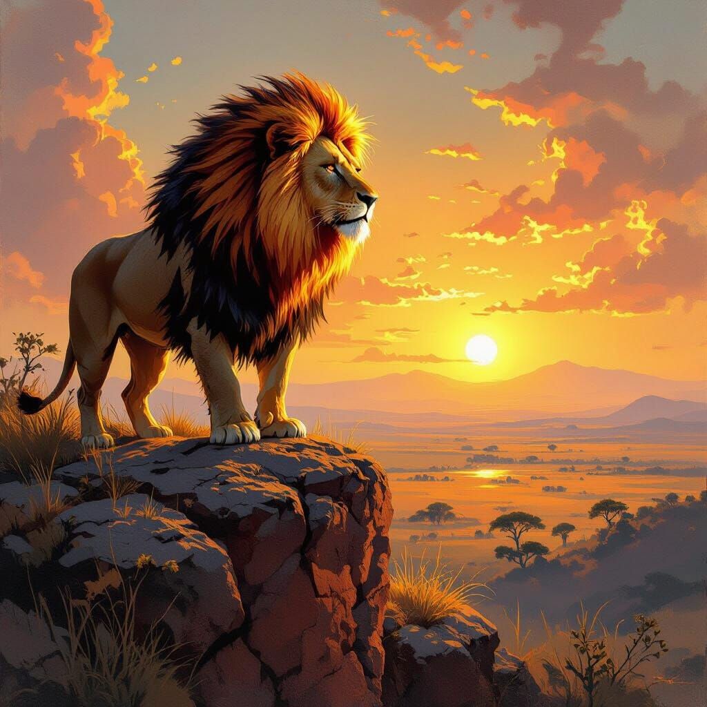 Lion with Fiery Mane Overlooking Savanna in Dramatic Realism