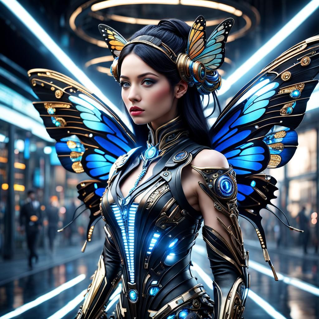 photorealistic scene, stunningly bio-mechanical Butterfly goddess android in iridisend dress, sci-fi, futuristic, profes...