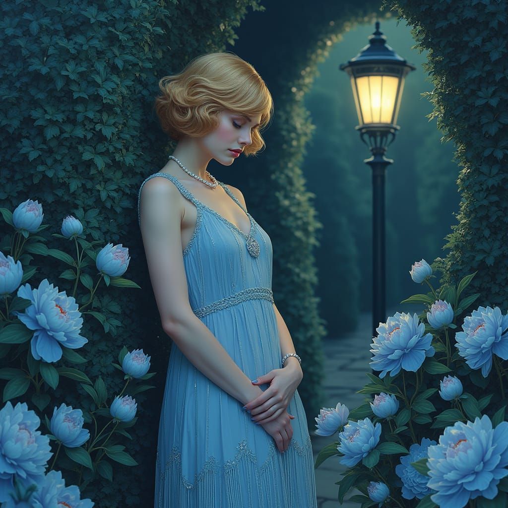 Mournful Flapper in Art Deco Twilight Garden