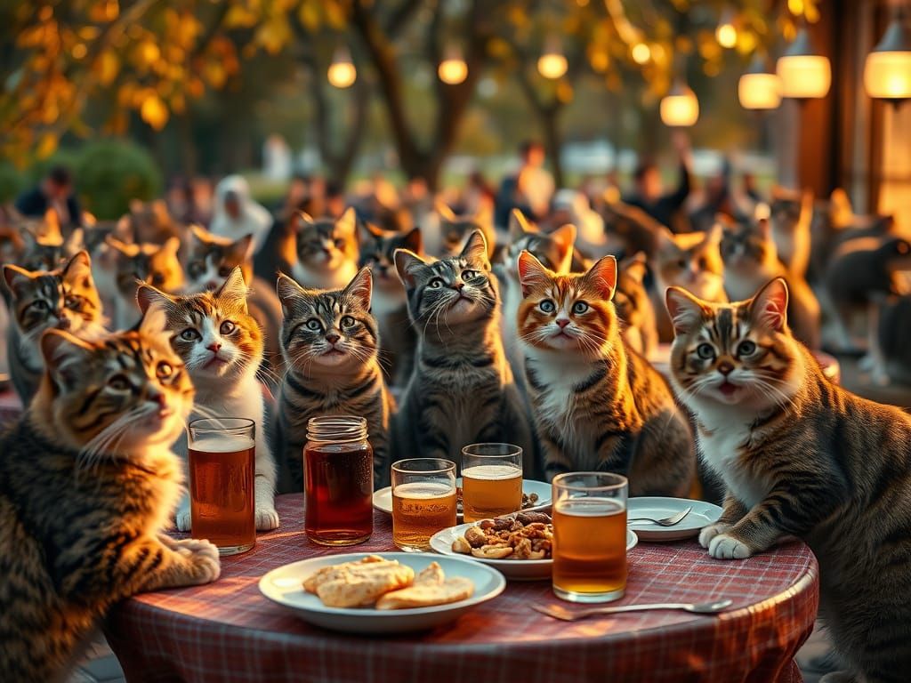 Cats Enjoy Oktoberfest Feast in Golden Hour Lighting