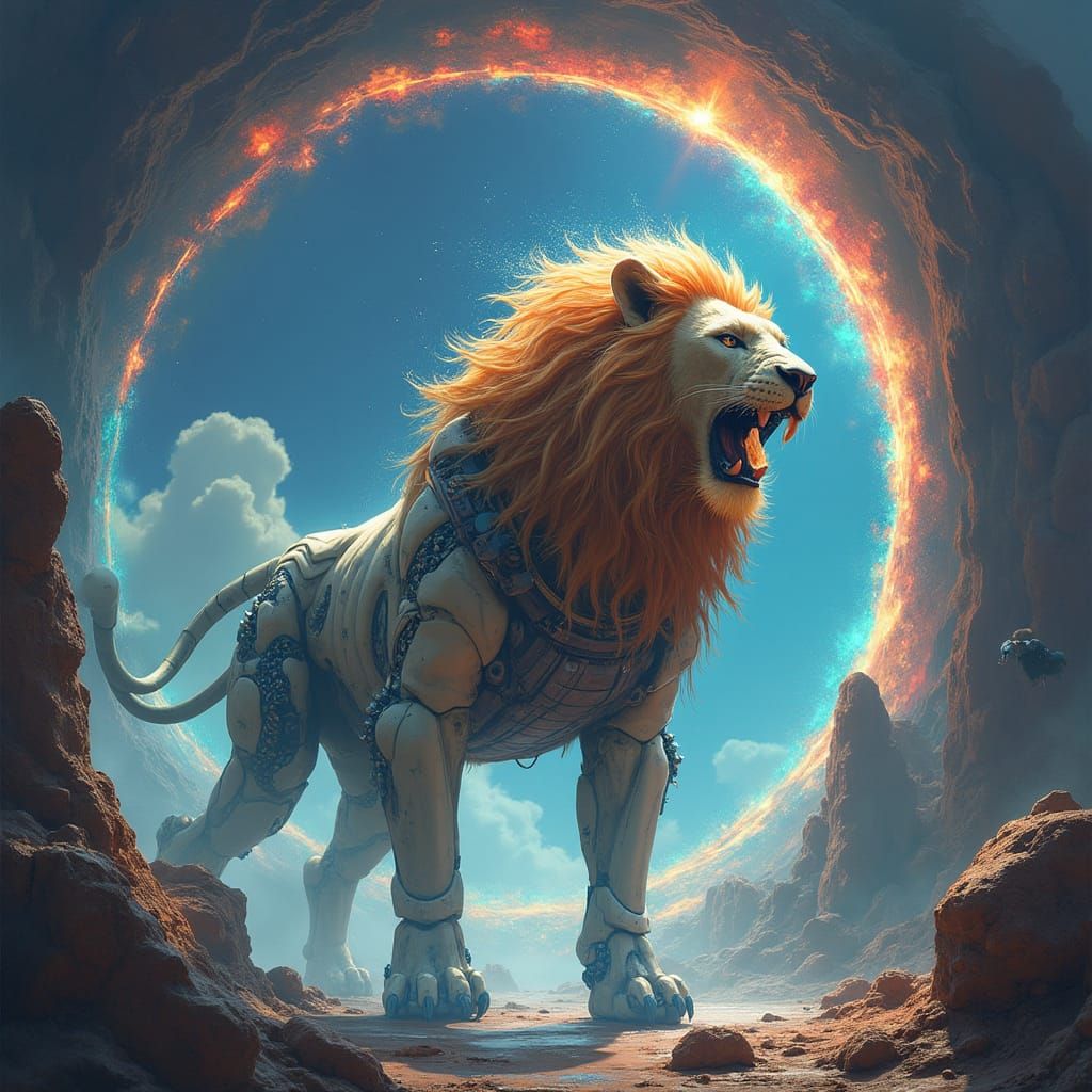 Cosmic Lion Emerges in Futuristic Biomechanical Art