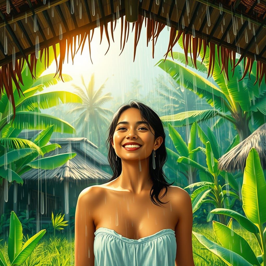 Woman Smiling in Tropical Rain, Vivid Colors
