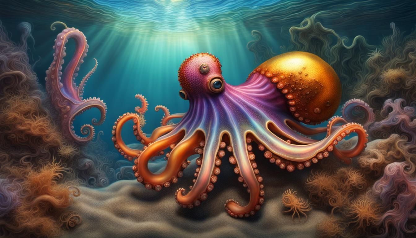 Steampunk Sea Slug-Octopus Hybrid in Holographic Seascape