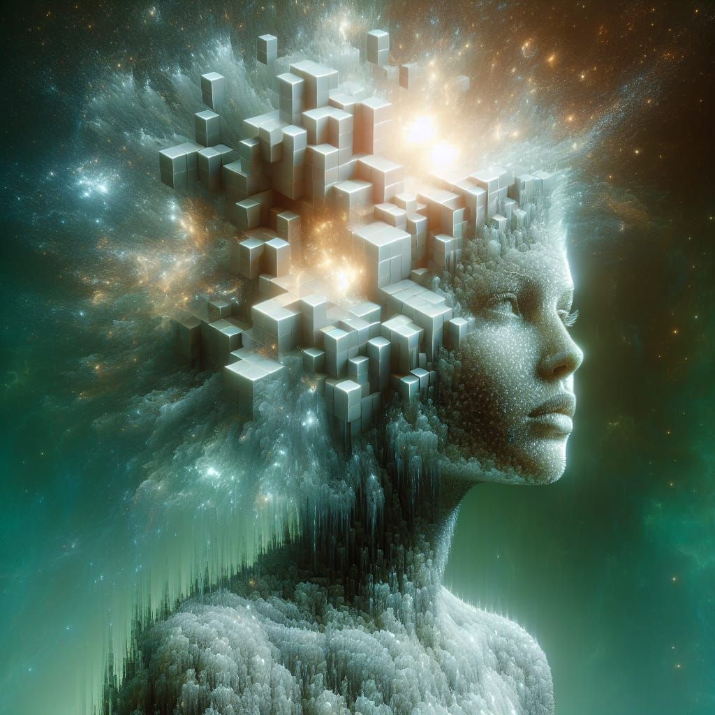 Surreal Latina Woman Dissolving Into Light Cubes