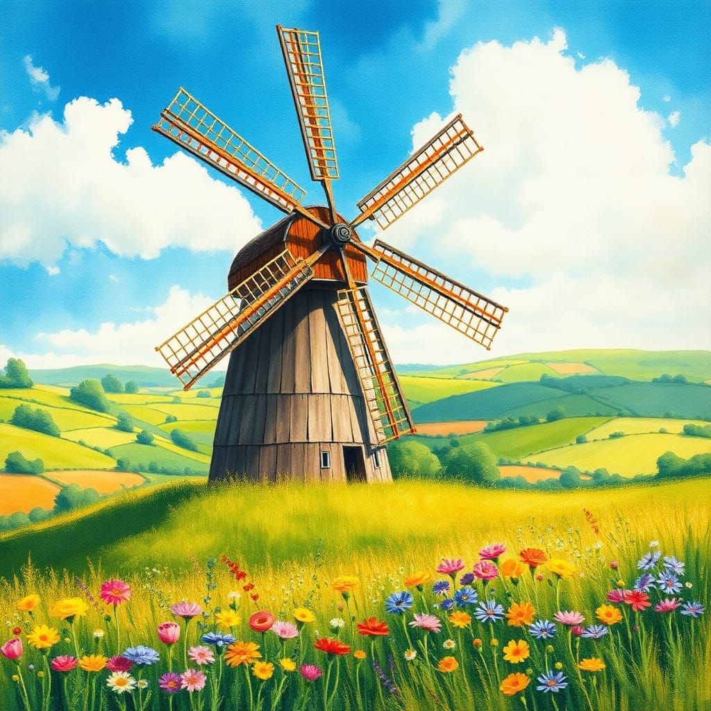 Picturesque English Windmill in Impressionist Style
