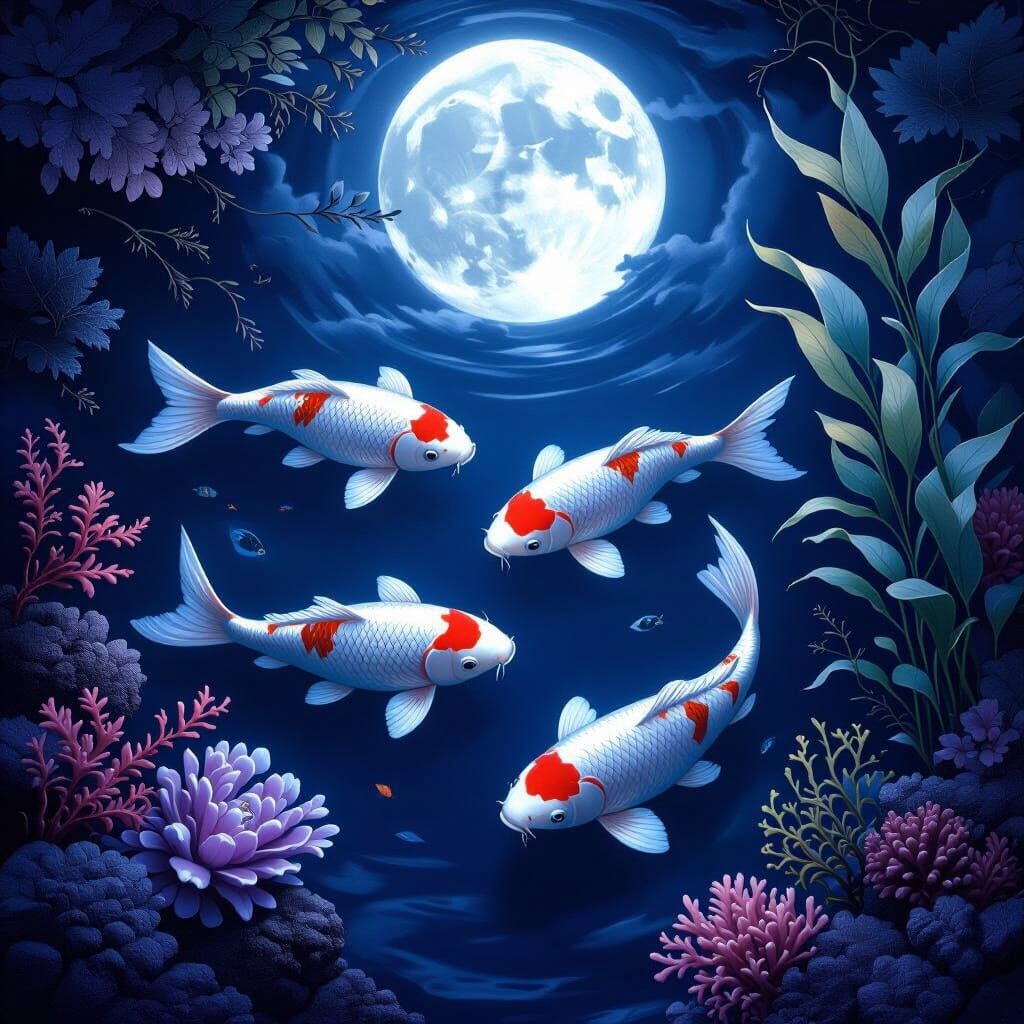 Moonlit Koi in Mystical Lagoon: Fantasy Concept Art