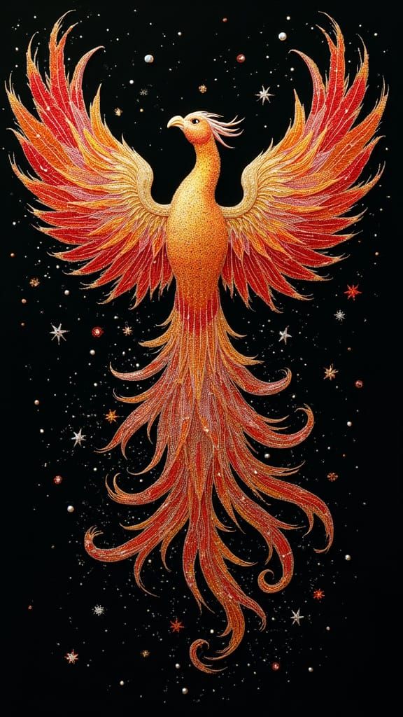 Majestic Phoenix Embroidered with Dynamic Feathers in Opulen...