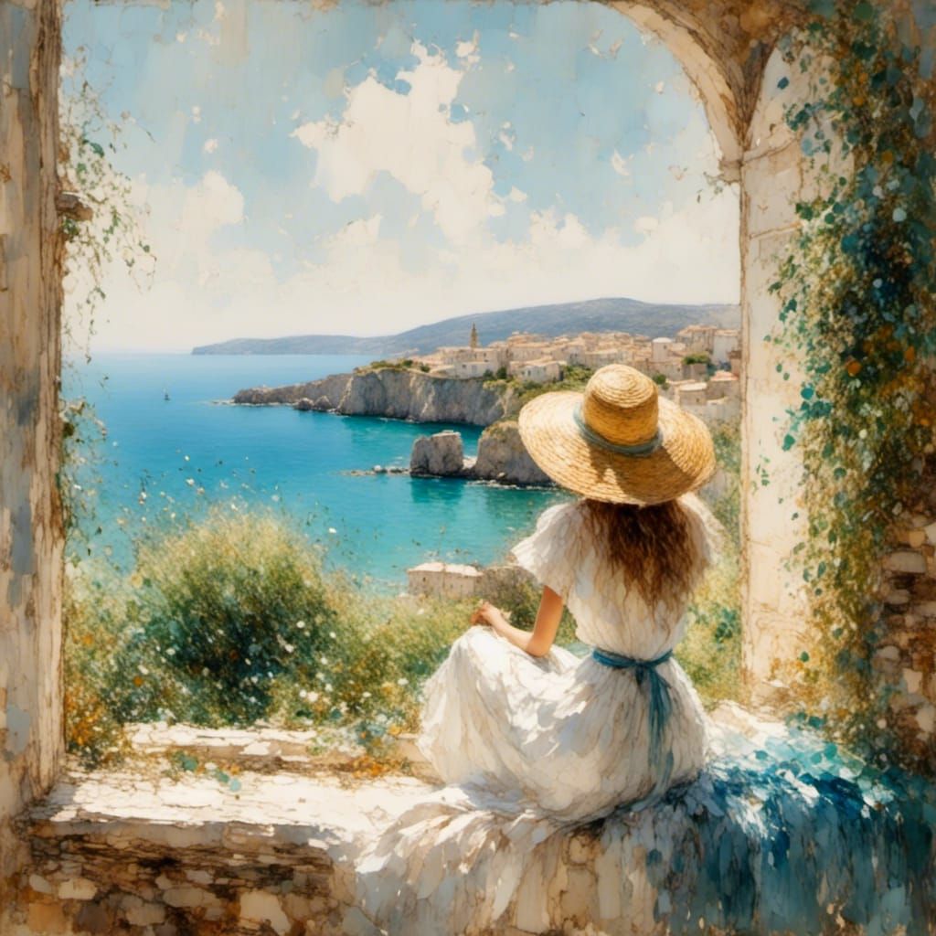 Italian Coast Impressionist Painting of Woman in White