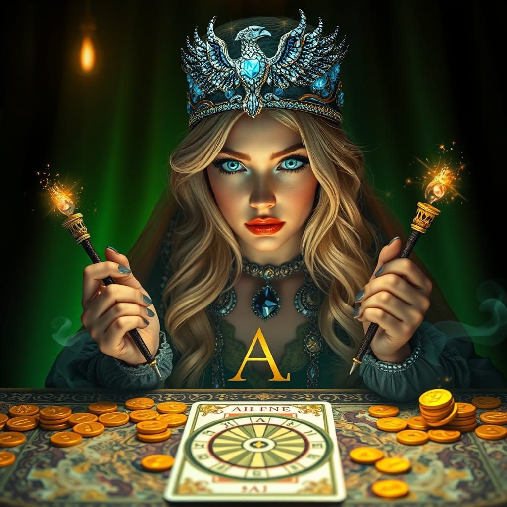 Blonde Tarot Reader with Phoenix Headband, Fantasy Art