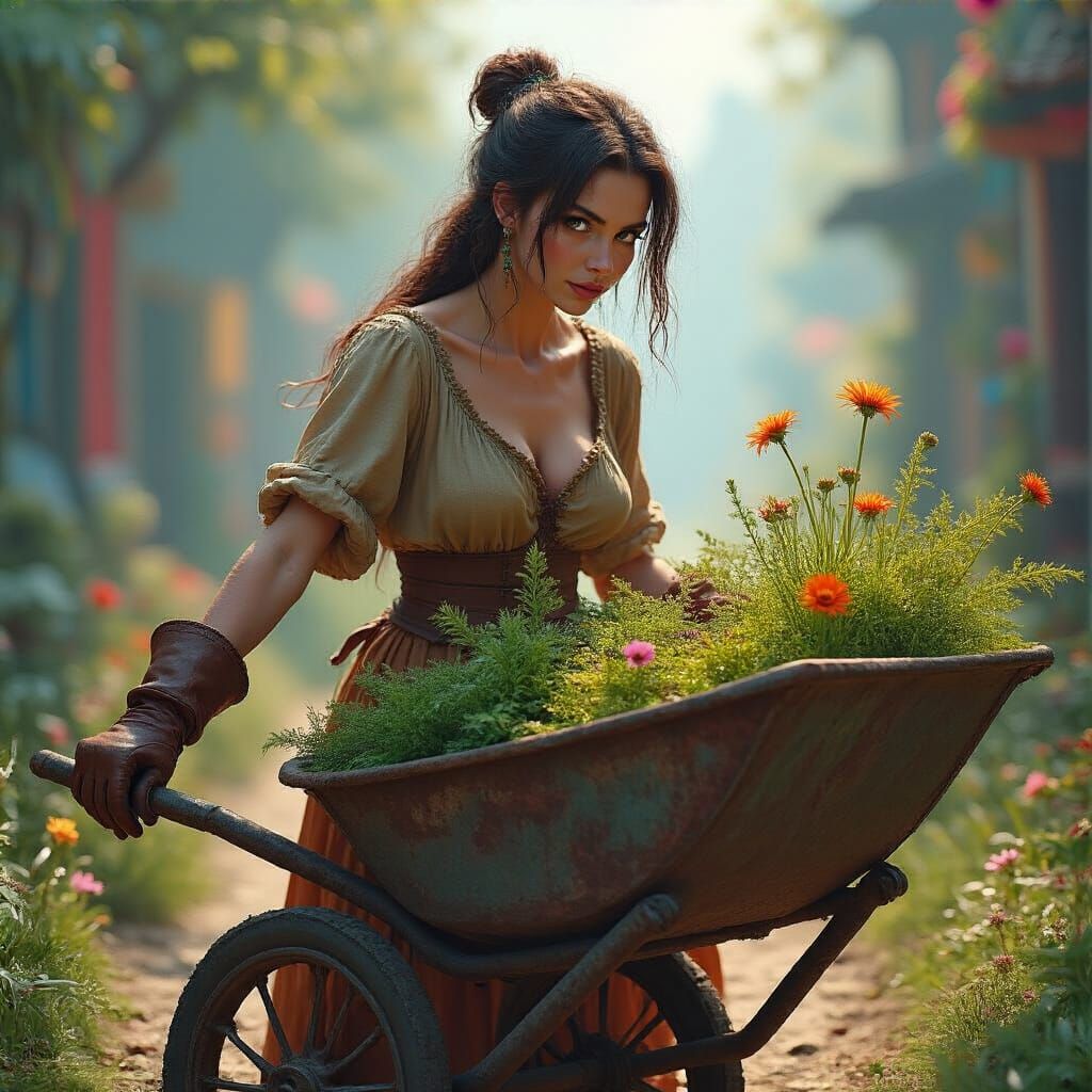 Woman with Wheelbarrow of Flowers in Hyperreal Detail