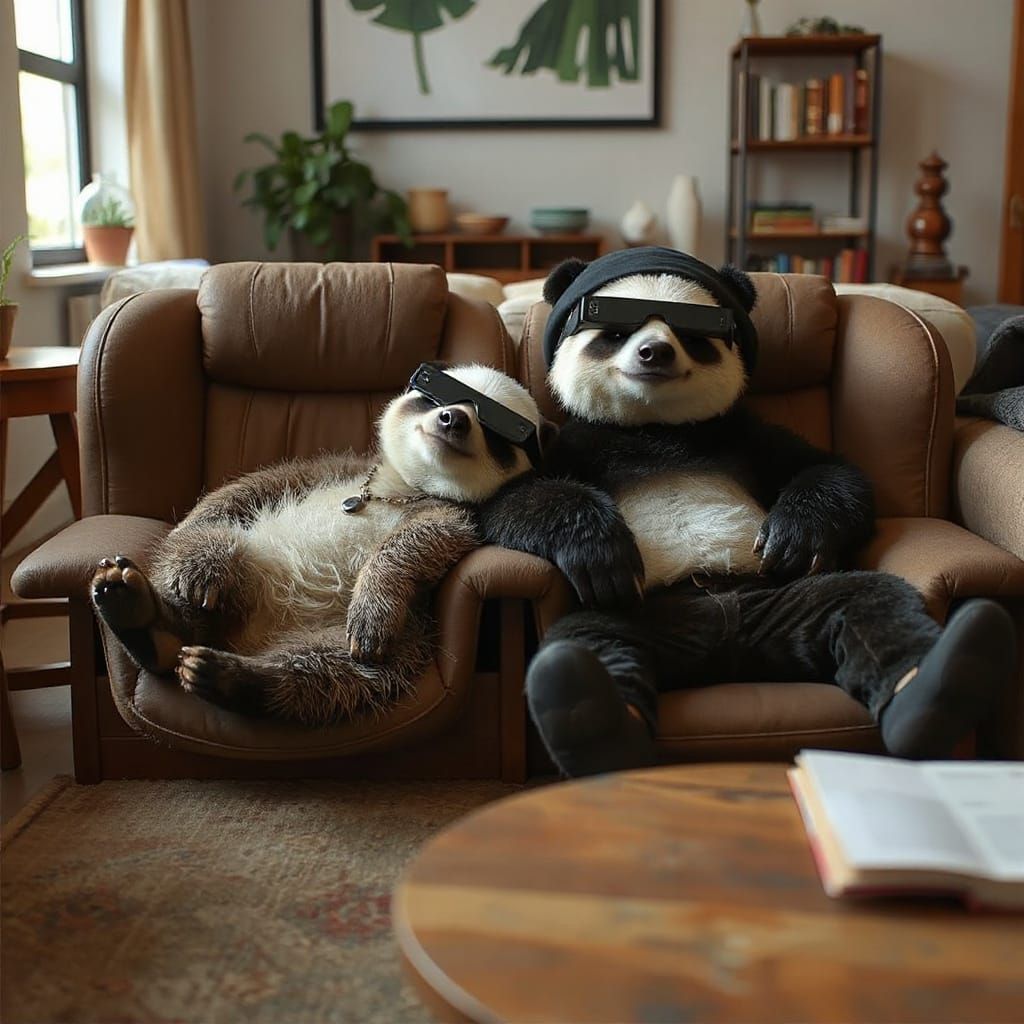 Cute Sloth and Panda Relaxing in Cozy Living Room
