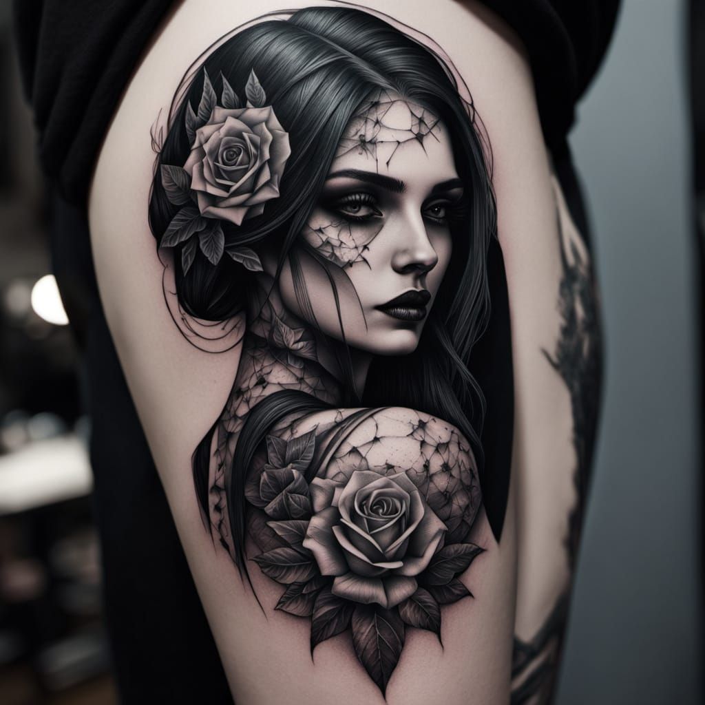 Goth Girl Portrait in Black and White Tattoo Art