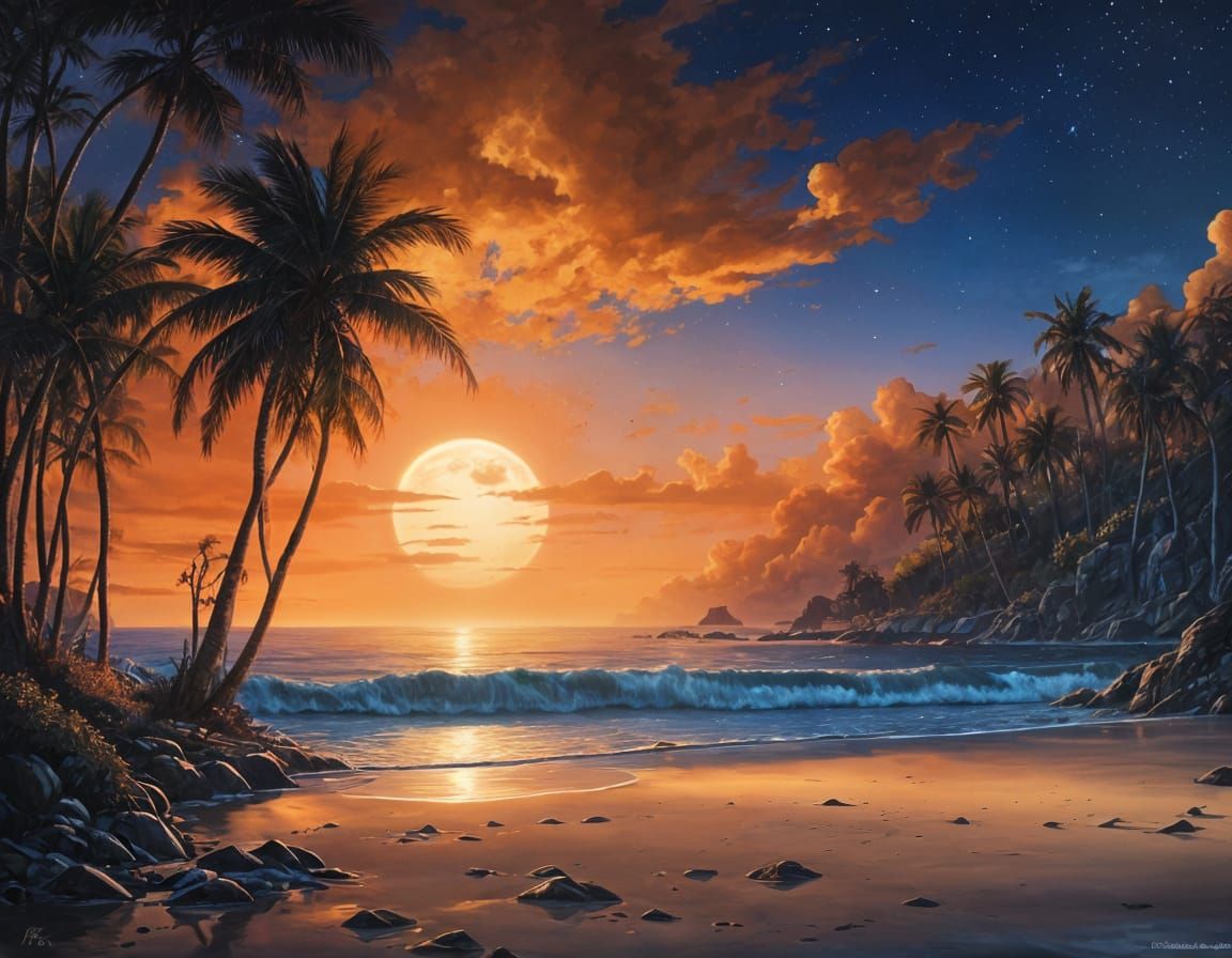 Moonlit Beachscape in Rich Blue Acrylic Paint