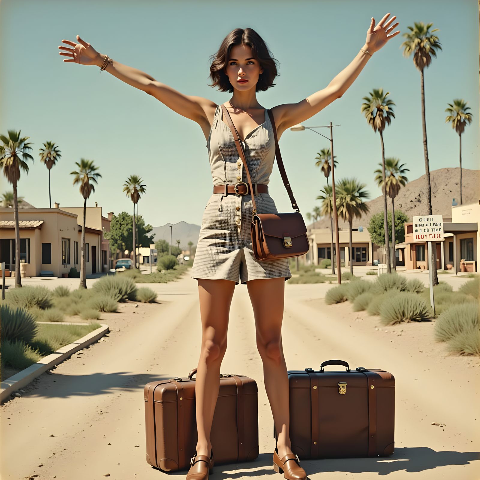 Young Woman Waits for Ride on Desert Road