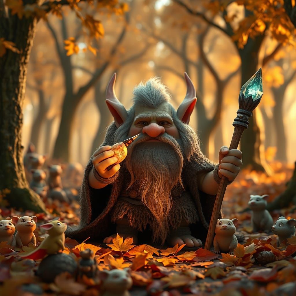 Moss-Bearded Troll Paints Autumn Leaves with Magic